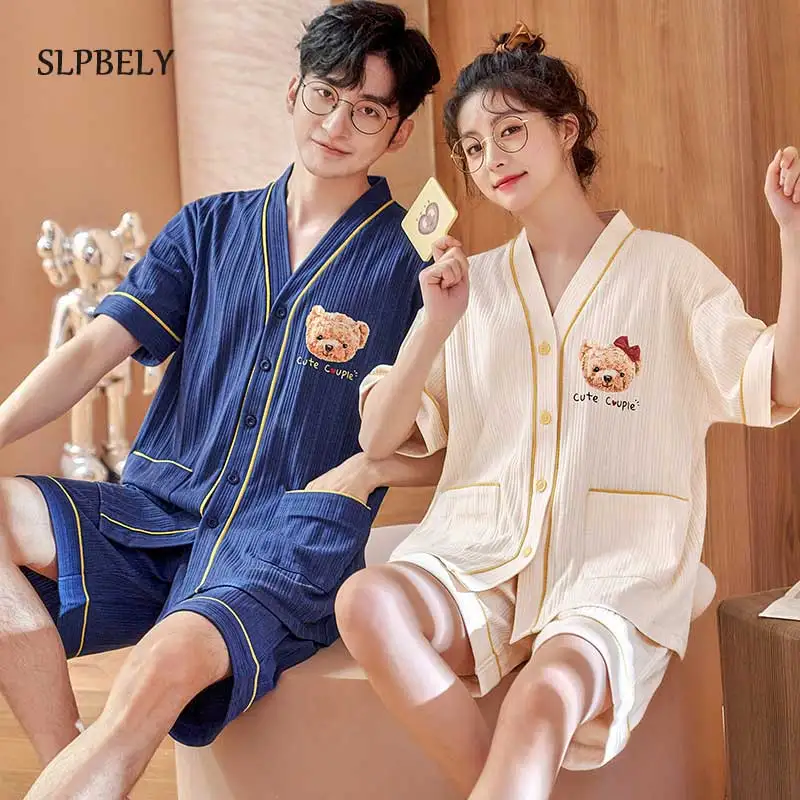 

SLPBELY Summer Couple Pajamas Set Cartoon V Neck Lover Pyjamas With Shorts Nightwear Homesuit Sleepwear Short Sleeve Homewear