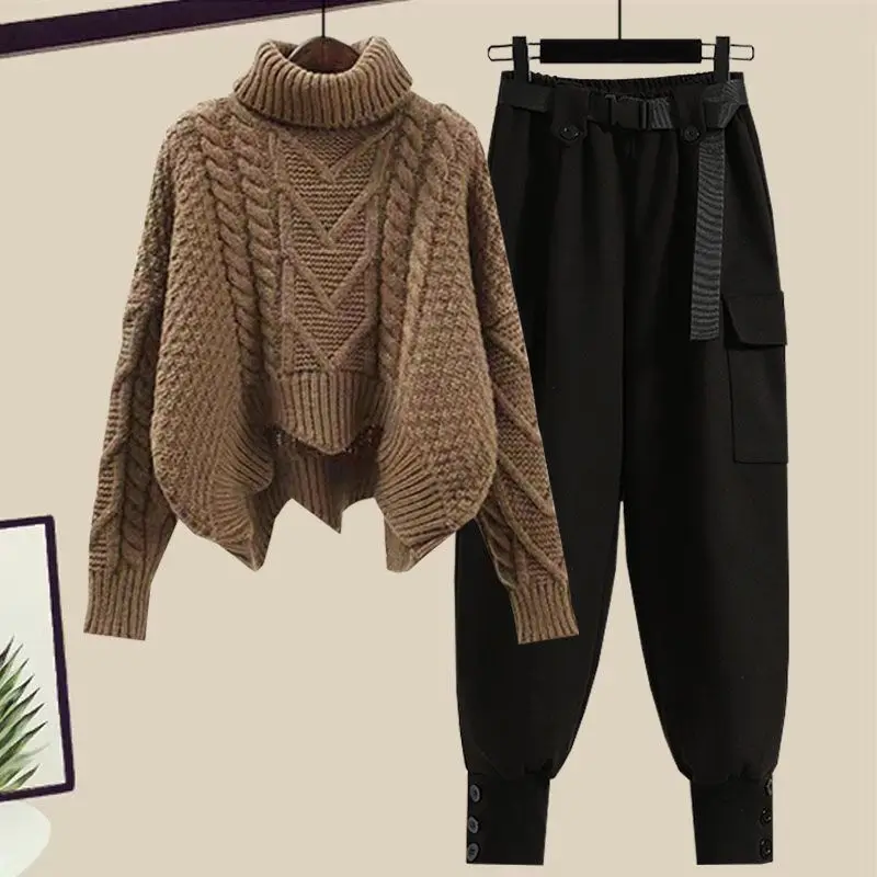 Осень-зима женская водолазка в стиле сафари короткий свитер брюки-карго комплект