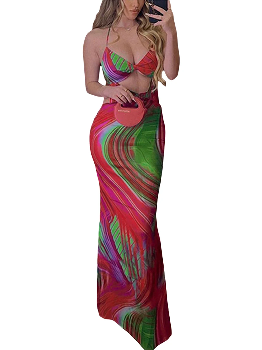 

Women s Halter Bodycon Long Dress Sleeveless Spaghetti Strap Cutout Abstract Print Party Dress