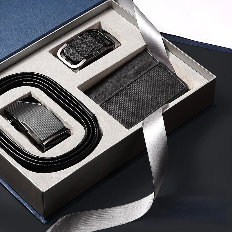 

Card Men's Belt Double Automatic Buckle Gift Box Set Business Suit Leather Belt Men's Gift Box Boutique Three-piece Box Luxury