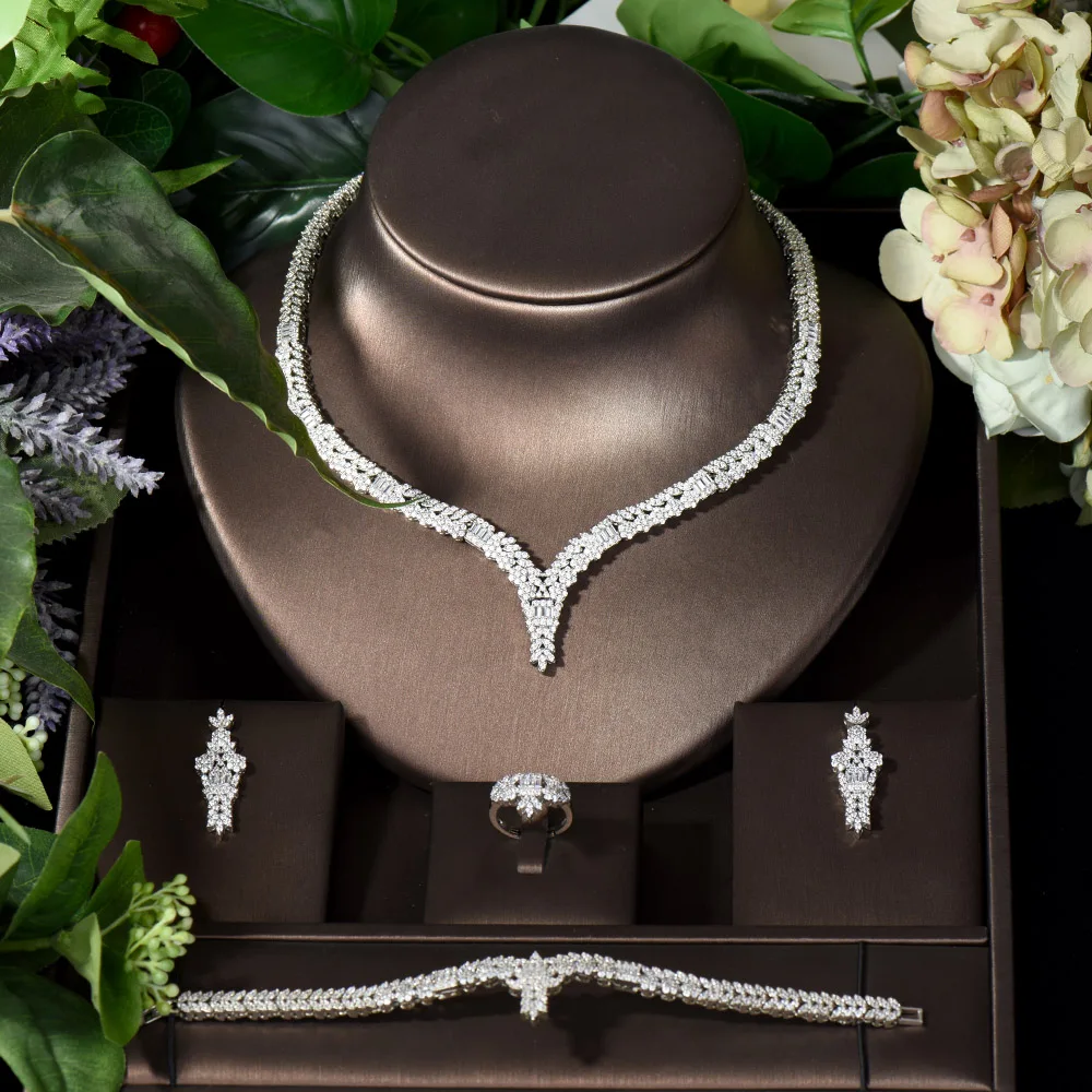 Fashion Full Micro CZ Paved 4pcs Necklace and Earring Set Geometric Jewelry Sets for Women Bridal Wedding Accessories N-1234