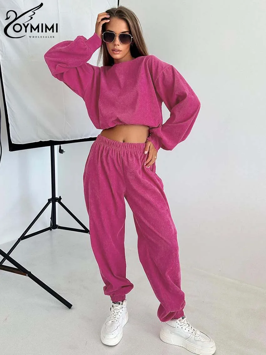 

Oymimi Fashion Simple Dark Pink Womens 2 Piece Outfit Set Elegant Long Sleeve Crop Tops And Mid Waisted Ankle-Length Pants Sets