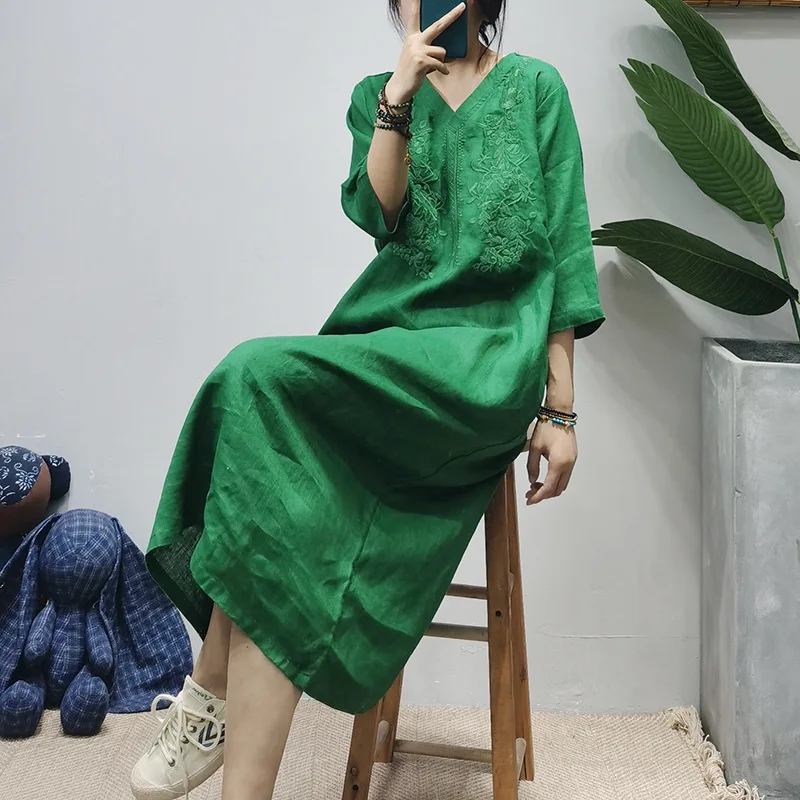 

Women Dress Solid Color Embroidery V-neck Retro Linen Summer Loose Pullover Chic Elegant Dress Half Sleeve 5 Colors