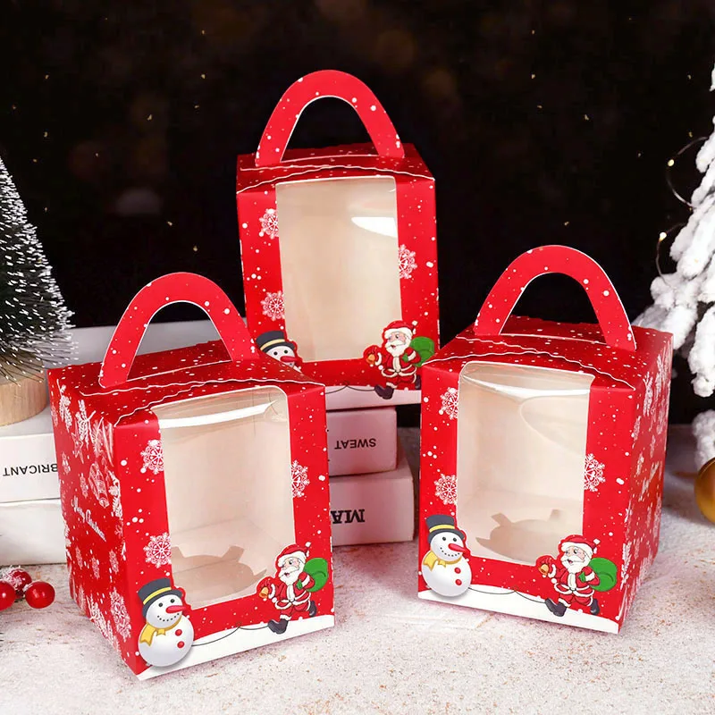 

4pcs Christmas Cupcake Packaging Box with Clear Window Portable Santa Claus Snowman Paper Box Party Favor Handmade Cake Gift Box