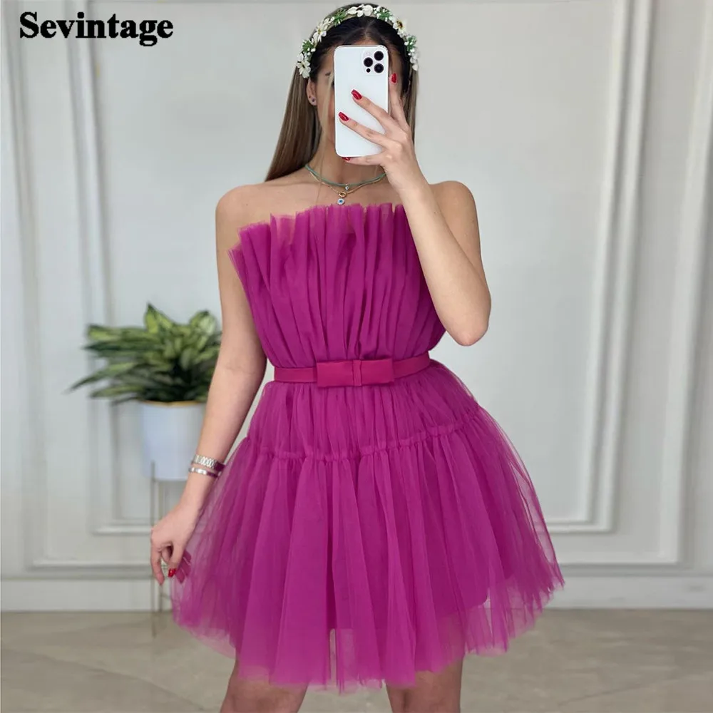 

Sevintage A Line Mini Tulle Prom Dresses Pleats Above Knee Formal Prom Gowns With Sashes Short Girl Homecoming Party Dress 2022