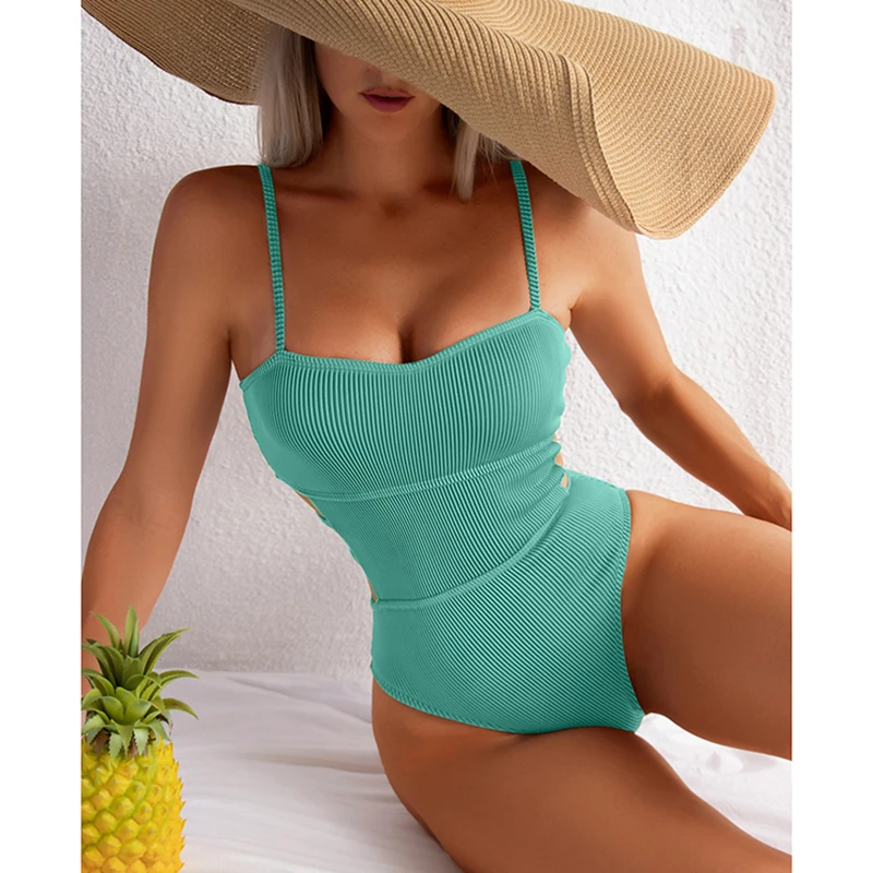 

Ribbed One Piece Swimsuit 2022 New Solid Swimwear Women Cut Out Monokini High Cut Bodysuit Push Up Female Bathing Suits