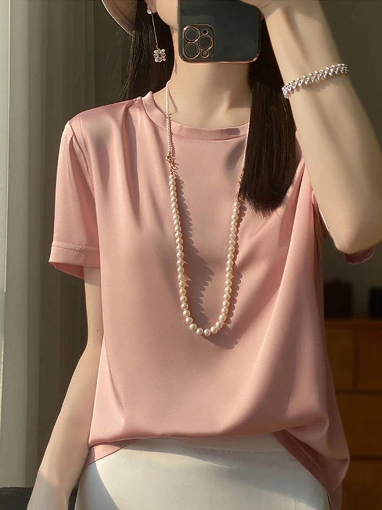 Silk Satin Short Sleeve T-Shirt Women's 2025 Summer New Arrival Loose Slim Looking Half-Length Thin Top ... |