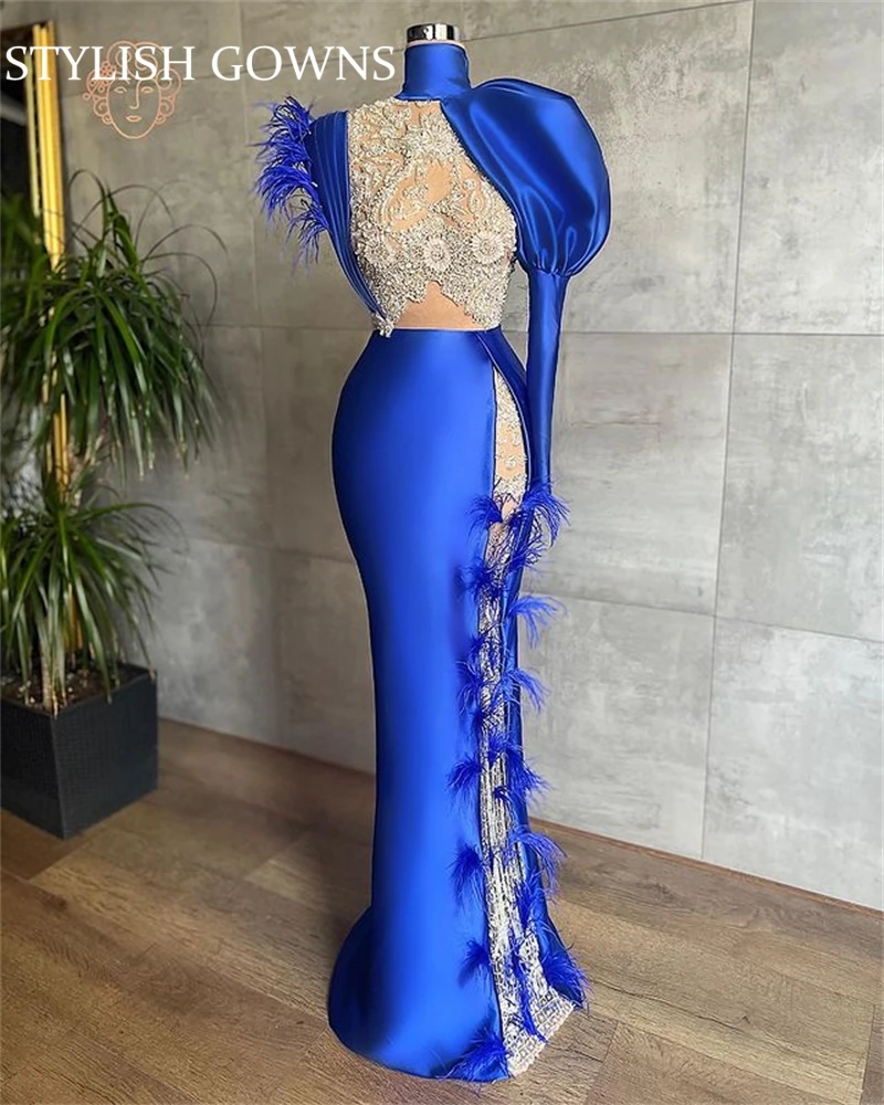 

Женское вечернее платье с перьями, синее платье с высоким воротником, расшитое бисером, для вечеринки в честь Дня рождения, 2023