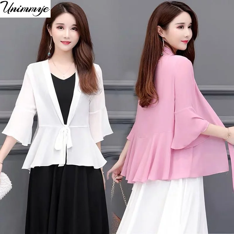 

Summer Clothing New Women Thin Breathable Cardigan Jacket Wild Chiffon 3/4 Sleeve V-neck Lace-up Sun Protection Shawl Coat J557