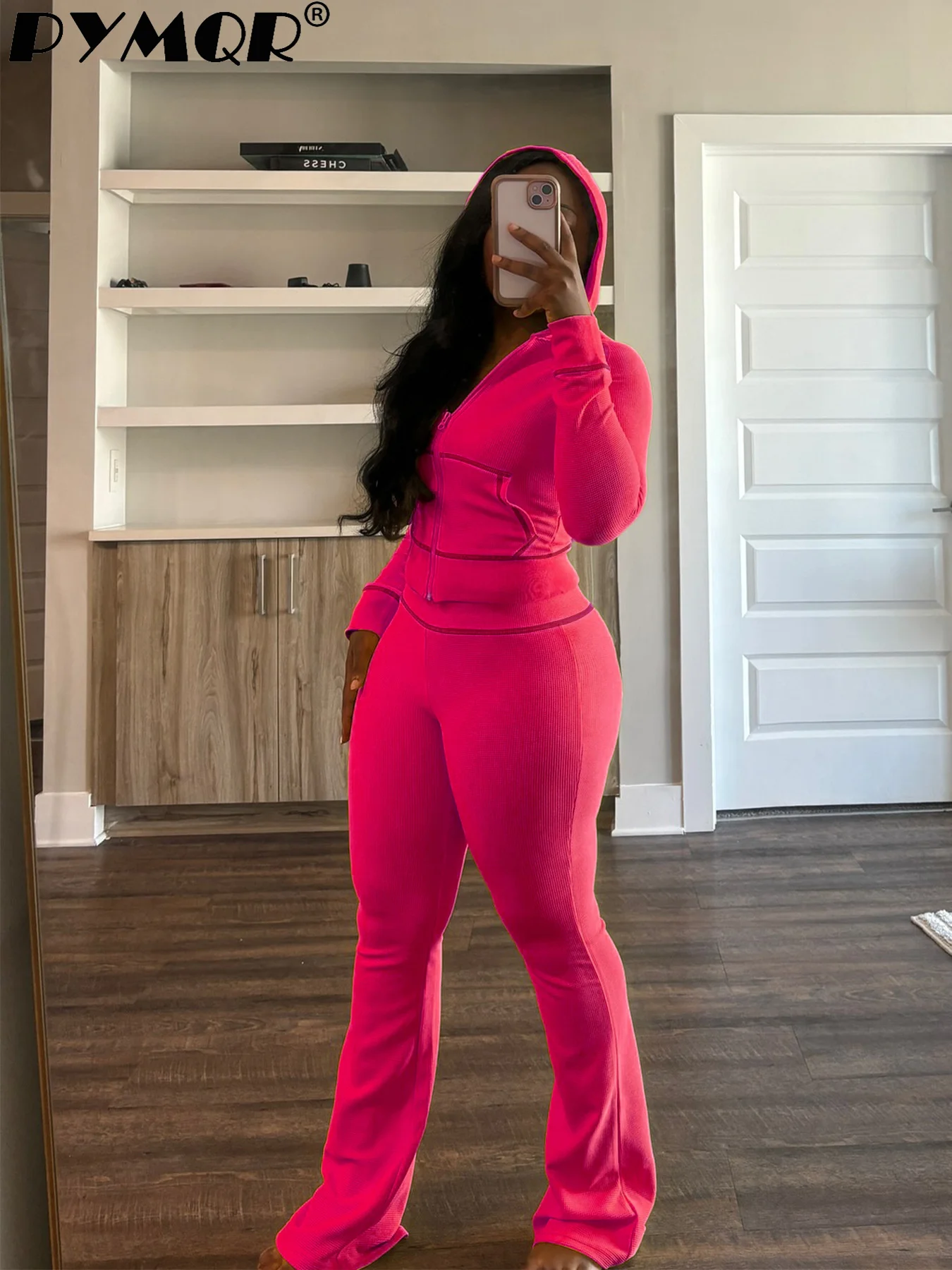 PYMQR розово-красный с длинным рукавом капюшоном CropTop расклешенные брюки для бега