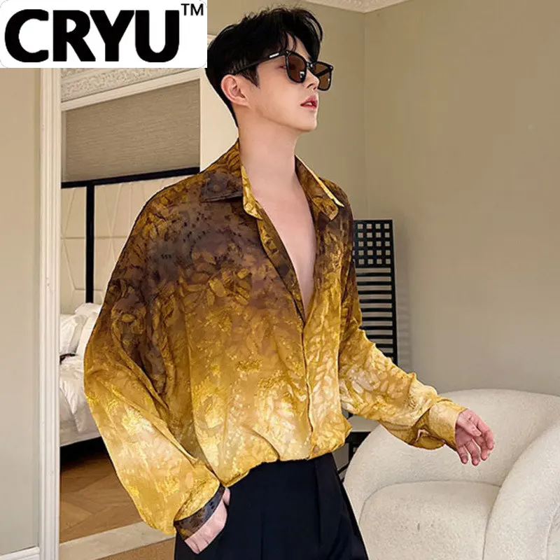 

CRYU Korean Fashion Print Lapel Sunscreen Longsleeved Shirt 2023 Turn-down Collar Single Breasted Male Tops Casual 9A8101