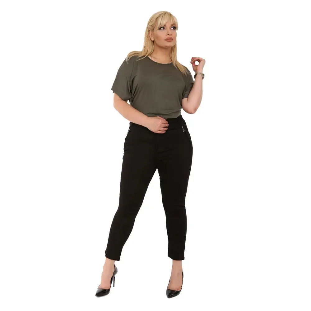 Fierte Women Plus Size Pants Rg1390Yp Canvas High Waist Tight Trotting Zipper Closure Button Elastic Spring Summer Slim Black