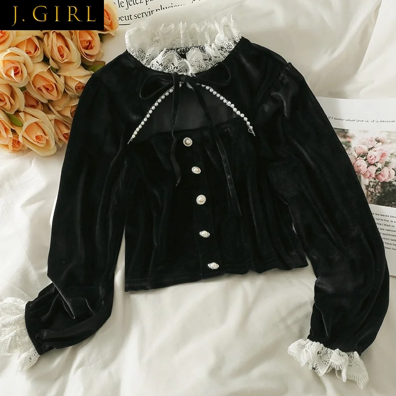 

Vintage Black Crop Tops Women Long Sleeve Elegant Velvet Blouse Korean Fashion Short Y2k Tops Bandage Design Clothing Hollow Out