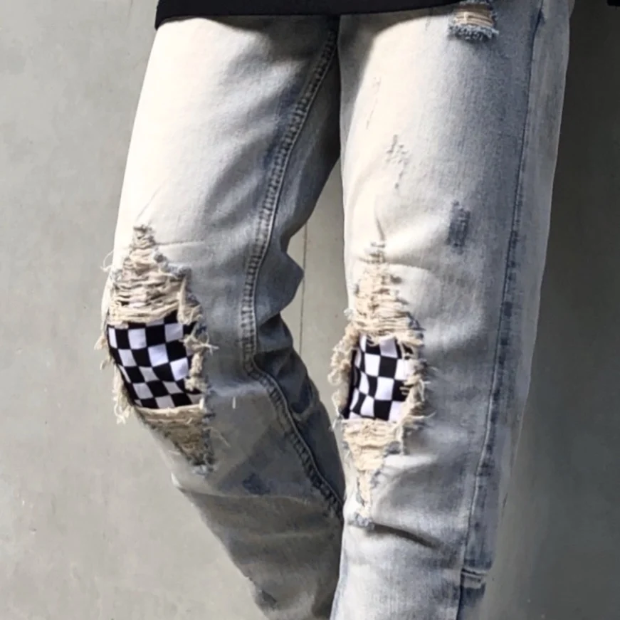 Men Stretchy Ripped Skinny Biker Embroidery Jeans Destroyed Hole Plaids Slim Fit Denim High Quality Hip Hop Grey Pants