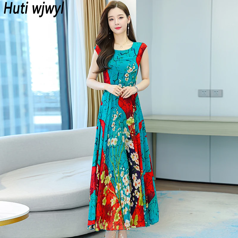 

Женское шифоновое платье-макси без рукавов, повседневное облегающее платье в пляжном стиле с цветочным принтом, элегантный винтажный сараф...