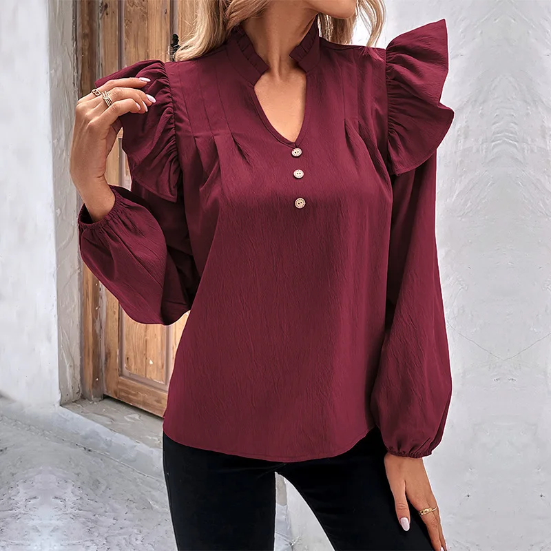 

Cacocala Spring Summer 2023 New Red Long-sleeved Women Shirt Casual Loose Ruffle Woman Shirt Female Top