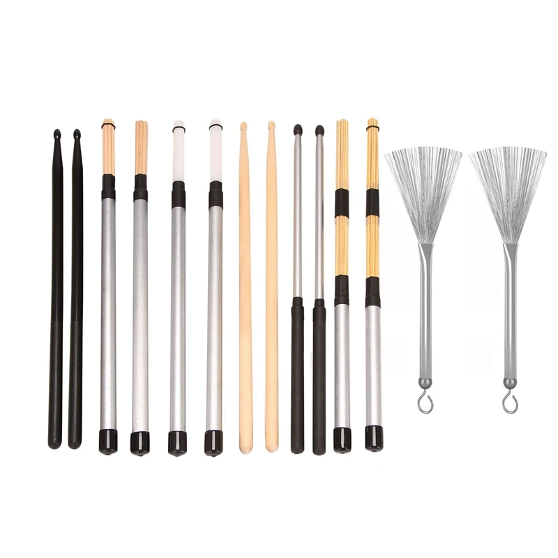 

7 Pair Drum Sticks Set Include Nylon Drum Sticks,Metal Drum Sticks,Retractable Drum Wire Brushes Rod Drum Stick With Bag