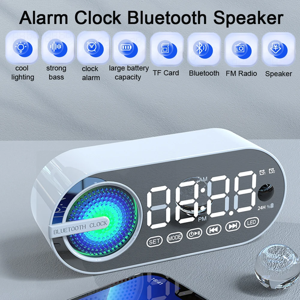 

Bluetooth Alarm Clock Speaker Mirror Electronic Digital Clock Music FM Radio Player Desktop Clock Lazy Snooze Alarm Clock