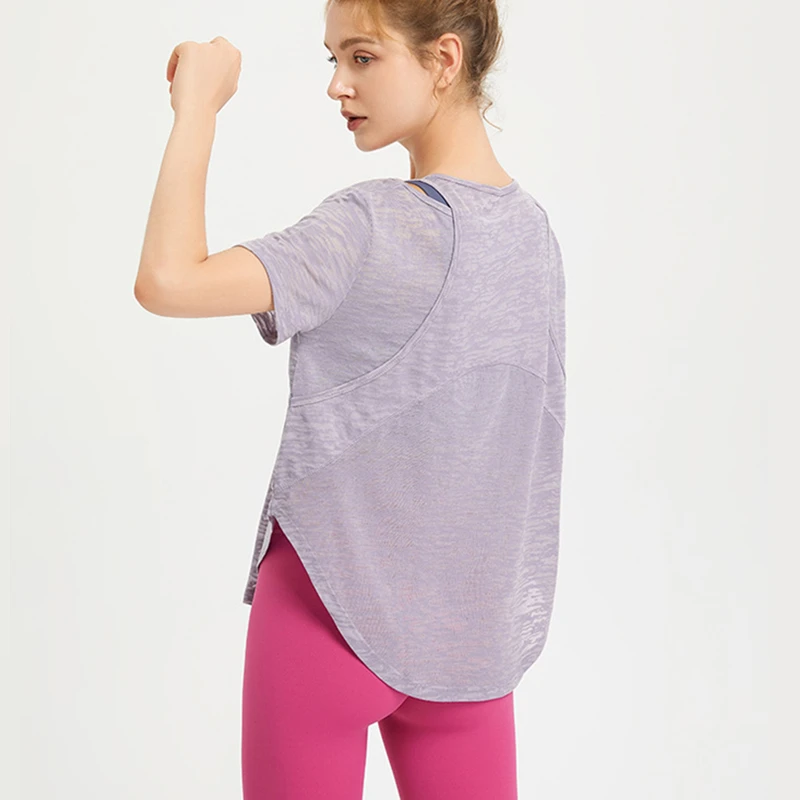 Summer Women Thin Loose Yoga Shirt Short Sleeve Sport T-Shirt Breathable Running Shirts Curve Hem Gym Fitness Tops Blouse Female