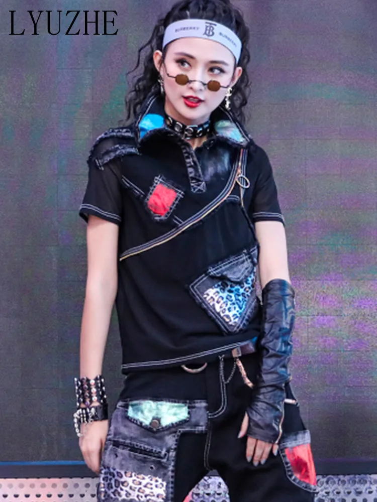 

LYUZHE 2023 Summer Black Short Sleeve T-shirt Thin Women Mesh Splicing Patchwork Personalized Top Women Streetwear LWL1033