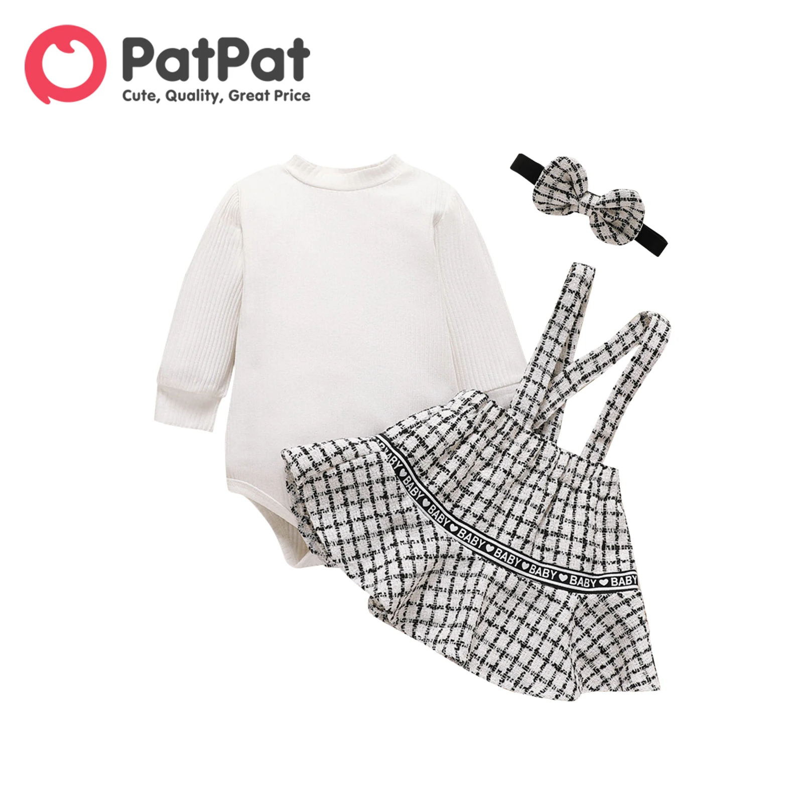 

PatPat 3pcs Baby Girl 95% Cotton Ribbed Mock Neck Long-sleeve Romper and Tweed Suspender Skirt with Headband Set