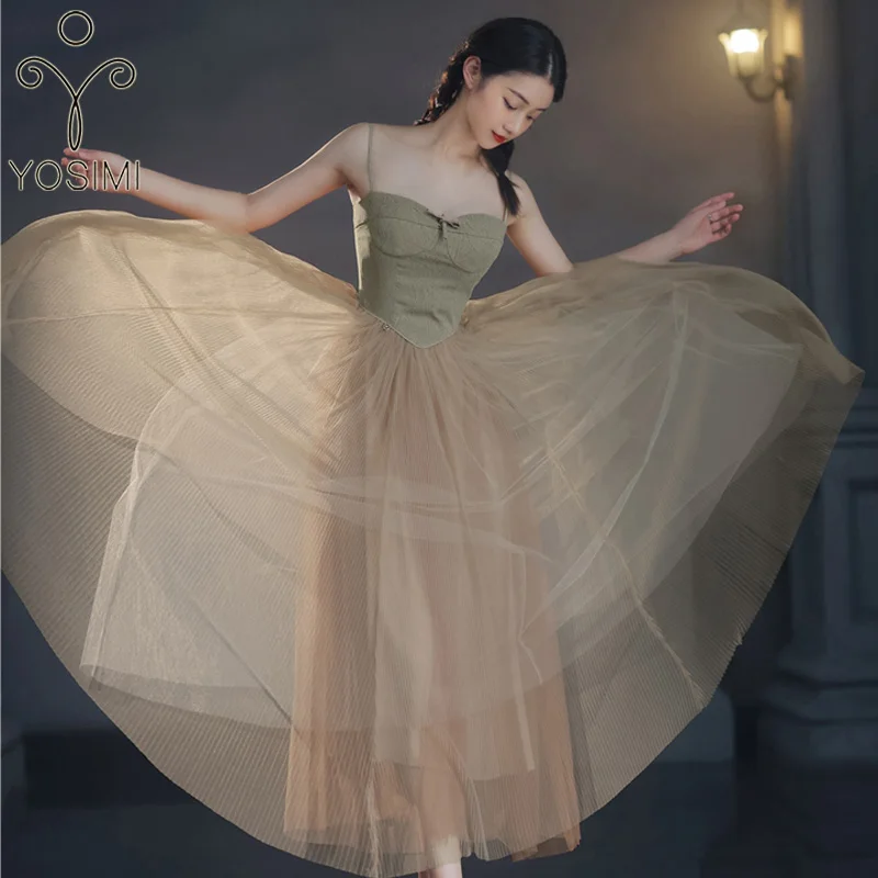 

YOSIMI 2023 летнее винтажное Макси Сетчатое длинное женское платье на тонких бретельках без рукавов ТРАПЕЦИЕВИДНОЕ Сексуальное вечернее длинное платье для женщин