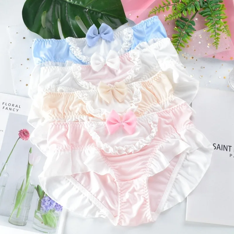 

Sweet Princess Style Panties for Girls Summer Simple Plus Size Bow Briefs Ruffled Mid Rise Underwear Female Calcinhas Feminina