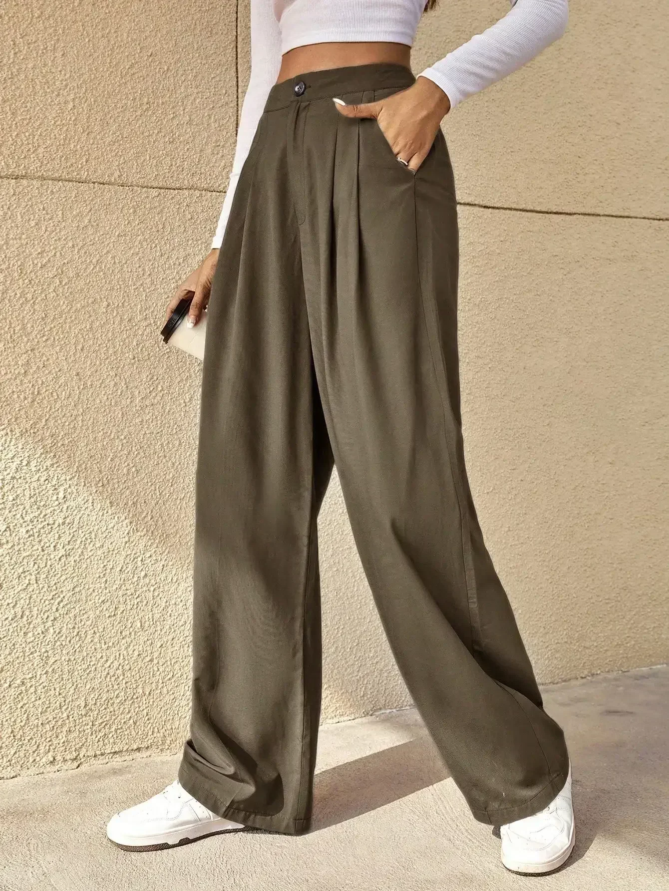 Женские Повседневные Прямые Брюки Весна/лето Серые Драпированные Со Средней