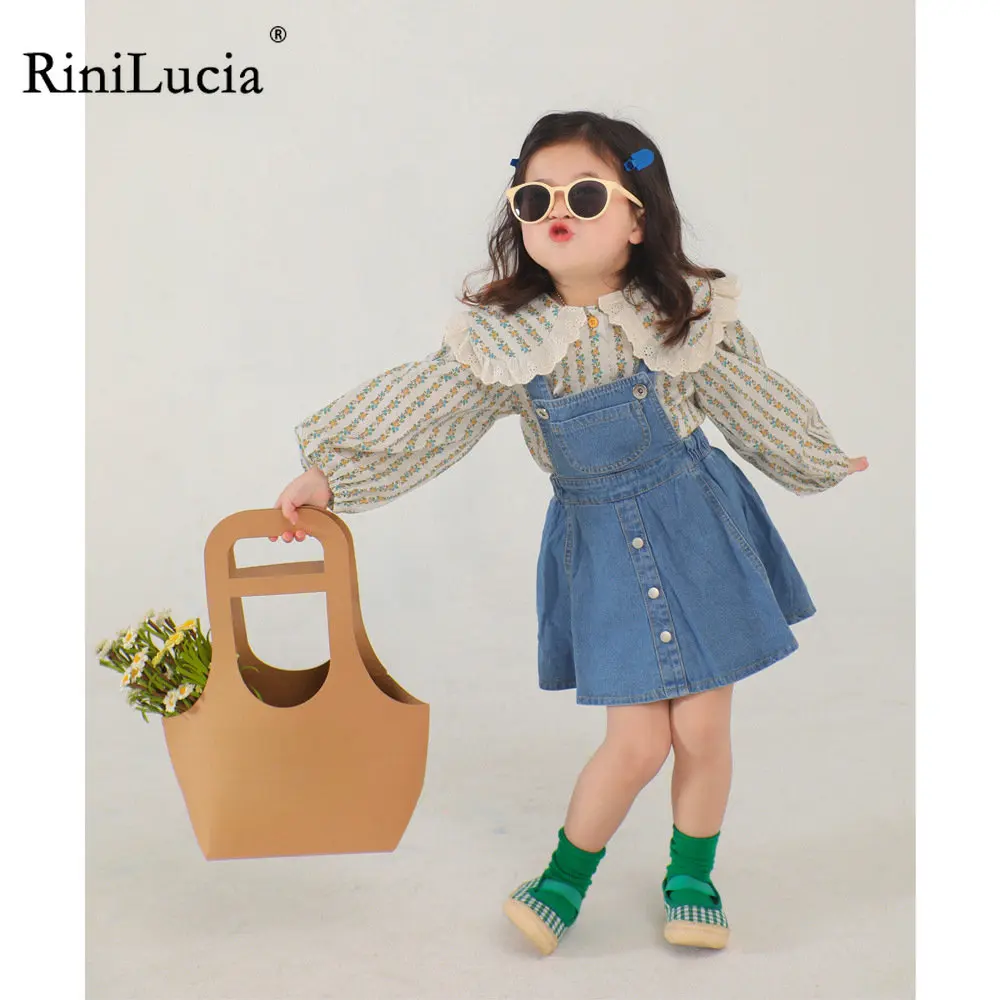

RiniLucia Girls Baby Clothes Set Denim Suspender Skirt Suit Floral Autumn Children's Shirt Suspender Skirt Dress Two-piece Set