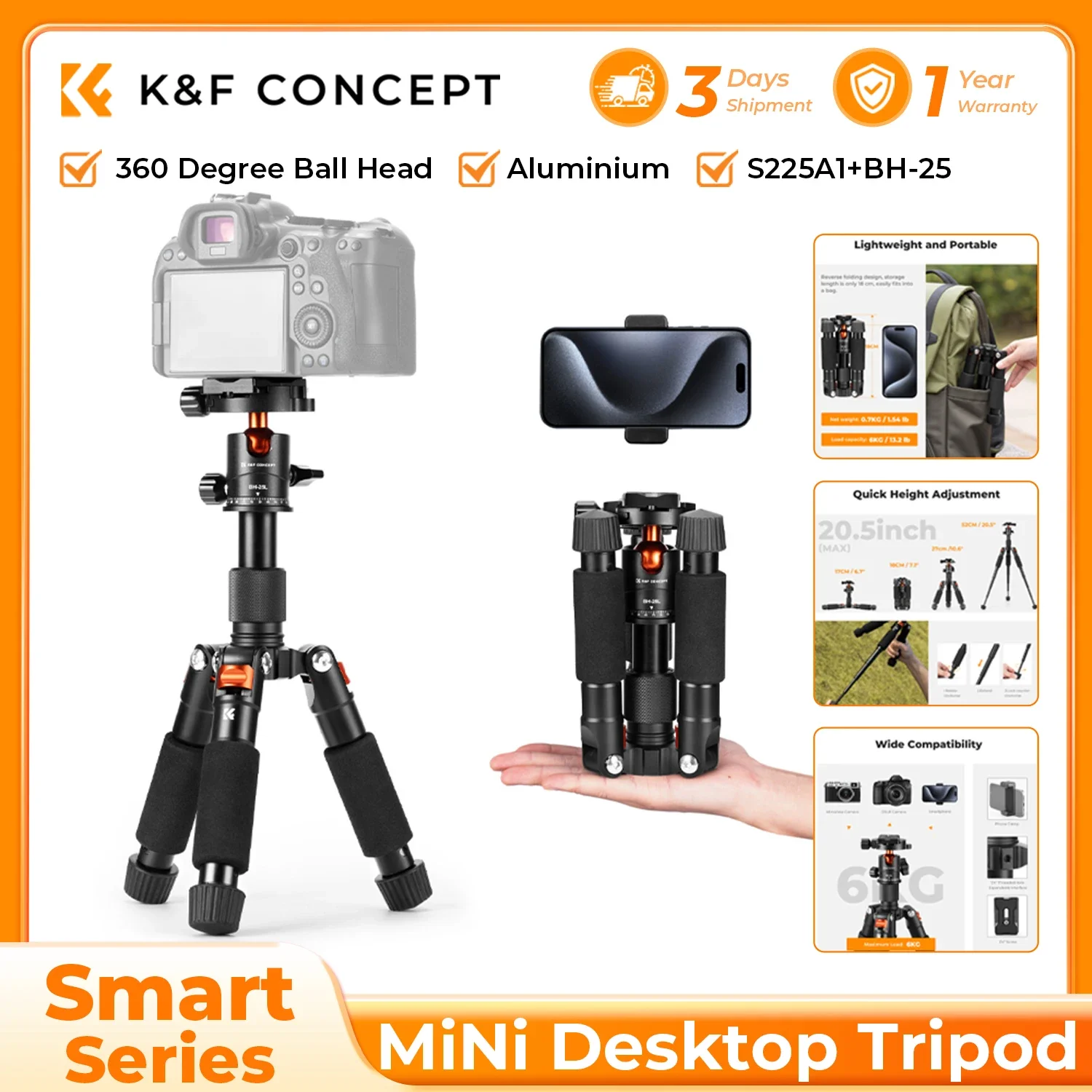 Фото K&F CONCEPT S225A0 Мини-штатив для рабочего стола 52 см с шаровой головкой 360°, быстросъемная пластина 1/4'' для камеры и видео №1