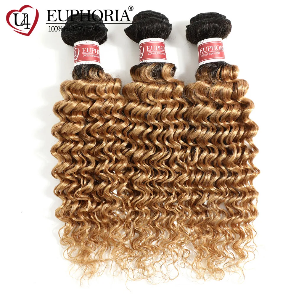 

Deep Wave Ombre Color Hair 3 Bundles 1B Blonde 27# Color Brazilian Remy Human Hair Weaving Extensions 3/4 Pcs Bundles Euphoria