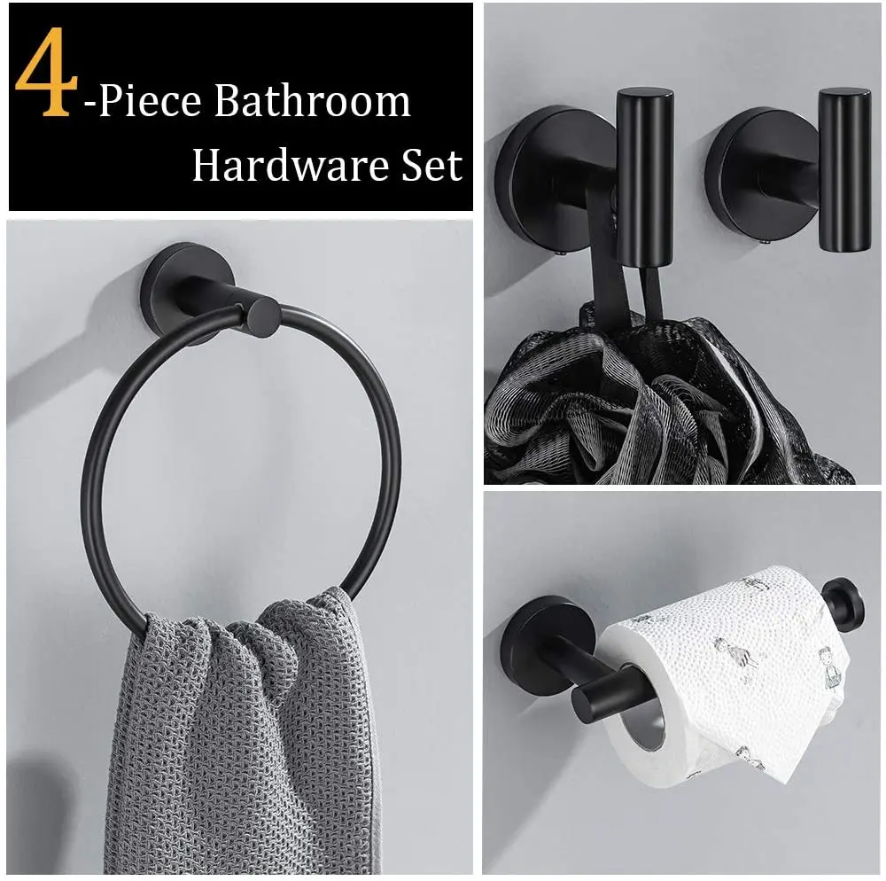 

Matte Black Stainless Steel 4PC Include Hand Towel Ring Toilet Paper Holder and 2Robe Towel Hooks Bathroom Wall Mounted Fixtures