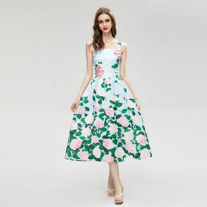 

Three-dimensional decal holiday halter dress 2023 new summer hydrangea print dress dress birthday dress for women