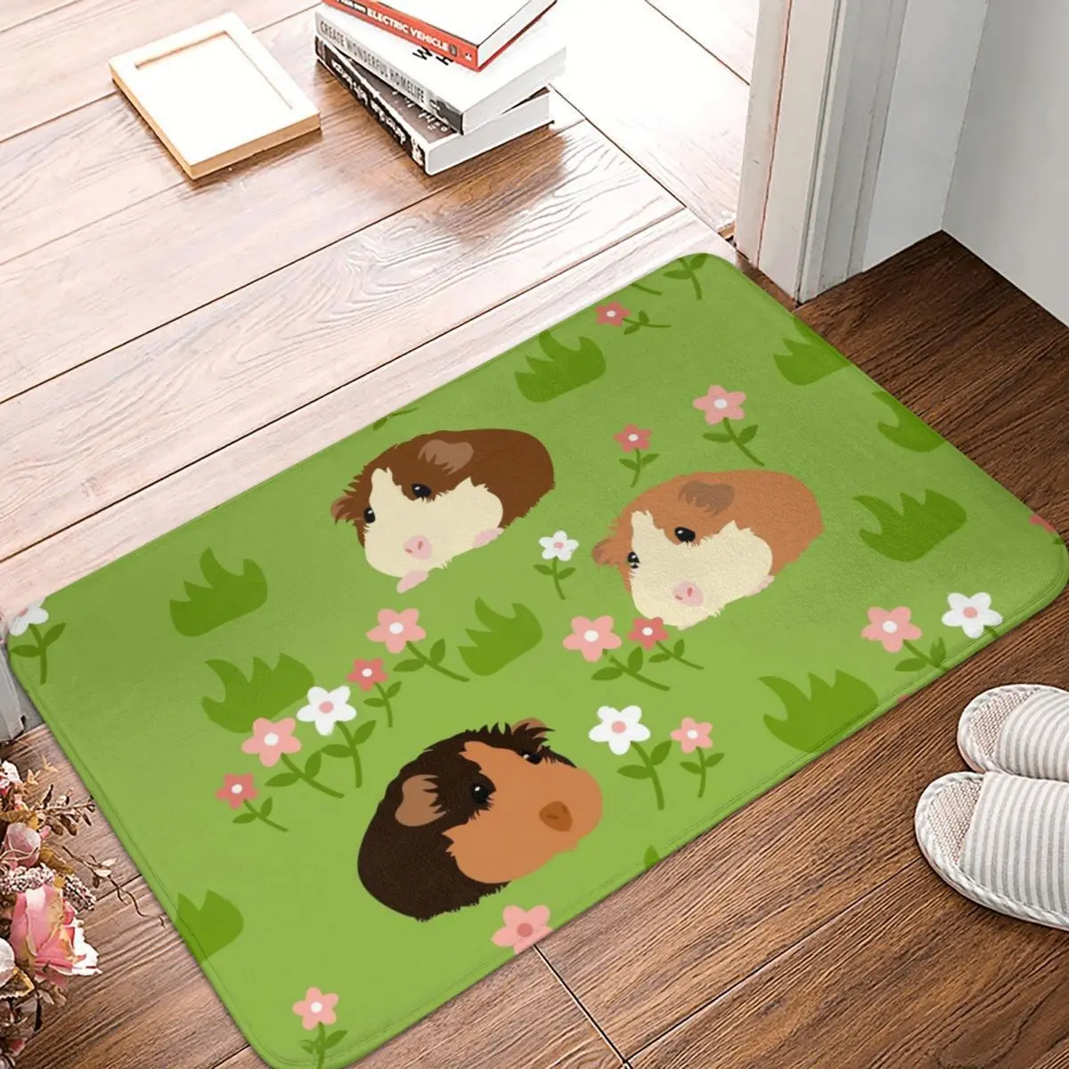 Guinea Pig with Flowers Green Grass Door Mat Bathroom Kitchen Balcony Carpet Decoration Floor Anti-Slip |