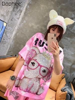 summer clothes t shirt street tide brand tie dyed light luxury short sleeved lady hot drilling cute pink elephant printed tshirt