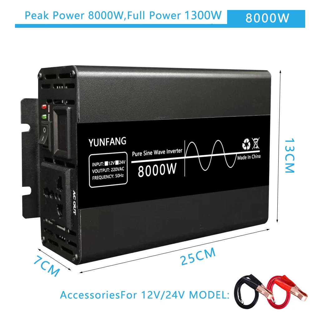 

5000W/8000W Pure Sine Wave Solar Inverter 12V/24V 220V Power Converter Adapter Home Inverter Outdoor Camping Car DC/AC Inverter