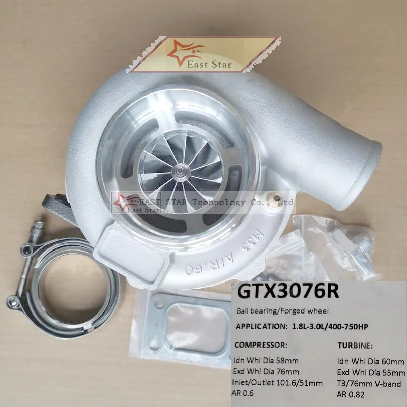 

GTX3076R GT3076R Dual Ball Bearing Forged wheel Turbine AR 0.82 T3 V-band C 0.60 Universal Turbo 1.8-3.0L 400-750HP Turbocharger