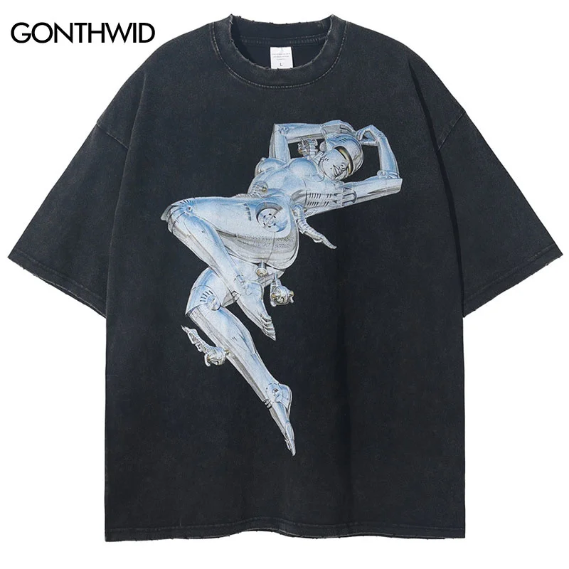 

Vintage Tshirt Streetwear Y2K Hip Hop Robot Graphic Print Washed T-Shirt Harajuku Punk Gothic Loose Summer Fashion Tops