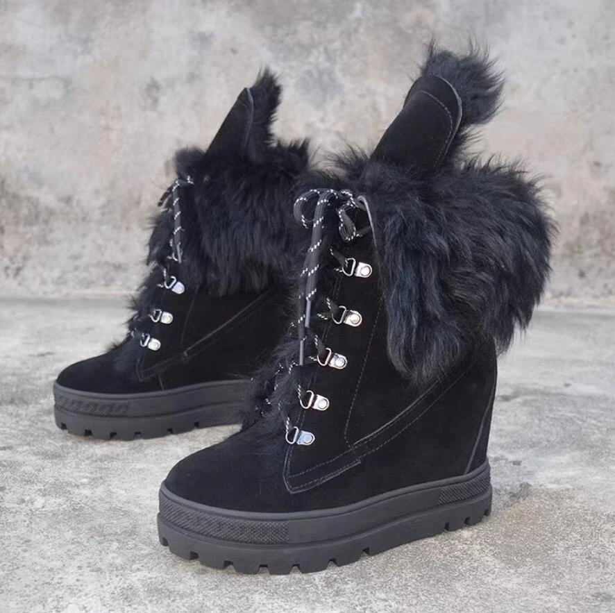 

Winter Warm Wool Height Increasing Platform Ankle Snow Boots Women Round Toe Lace-up Flats Casual Shoes Ladies Black Sneakers