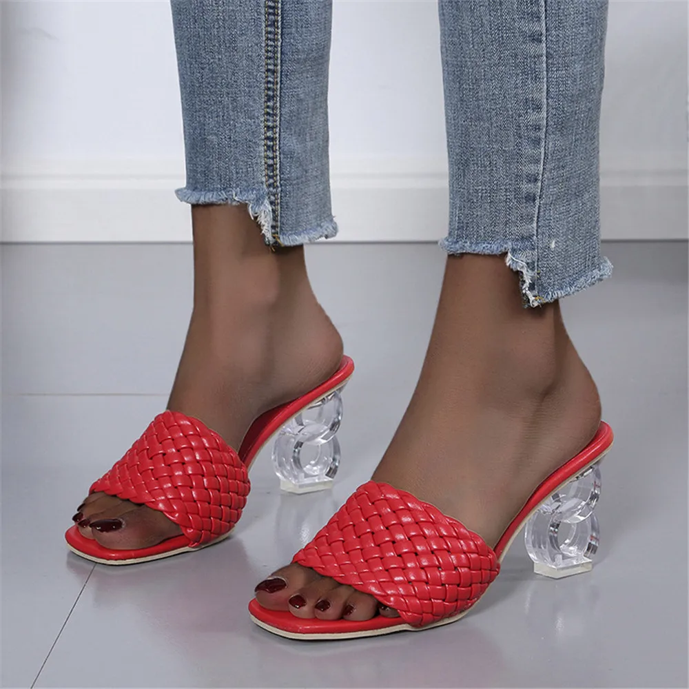 

Women Weave Slippers Summer 2022 Female Sexy Transparent Strange High Heels Sandals Fashion Suqare Toe Slides White Black Brown
