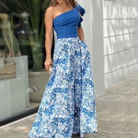 2022 women 2 piece set sexy one shoulder puff sleeve top printed pant two piece sets high streetwear synthetic fiber