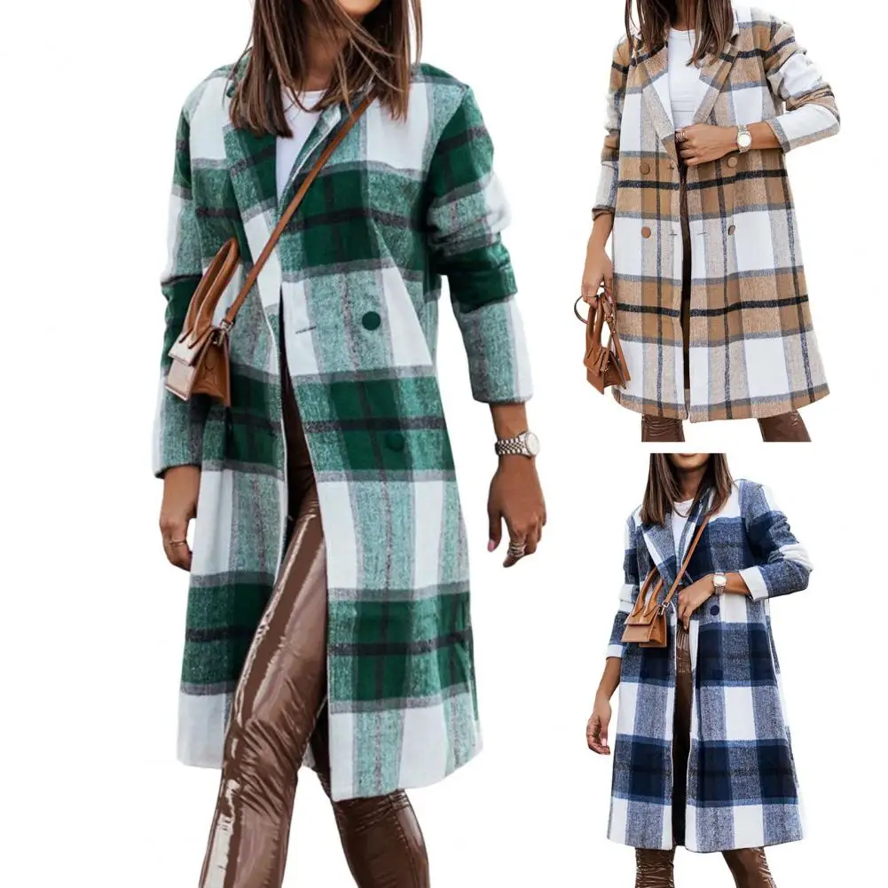 

Plaid Woolen Jacket Women Coat Autumn Fall Blends Classic Tartan Belt Y2k Shacket with Pockets Y2k Maxi Windbreaker Outwear