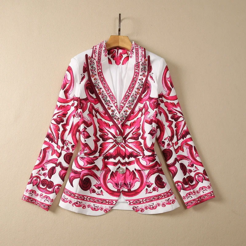 

Elegant Autumn Blazers for Women 2023 Jackets Coats Beading Red Print Veste Femme One Button Vintage Outerwear Tops Mujer