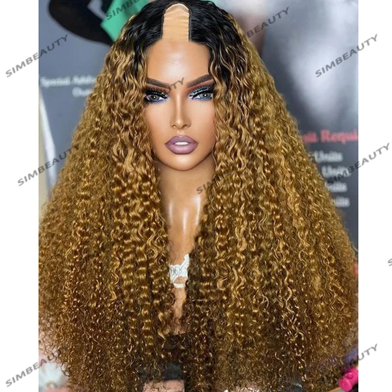 

250Density 100% Honey Blonde Human Hair Wigs for Women Glueless Long Kinky Curly Ombre 1x4 Opening U Part Wigs Adjustable Straps