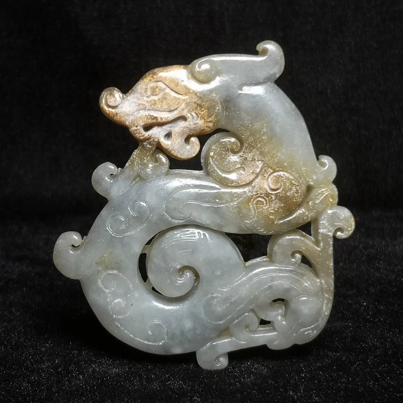 

Old Chinese Jade Hand Carved Dragon Phoenix Statue Disc Pendant Gift Collection