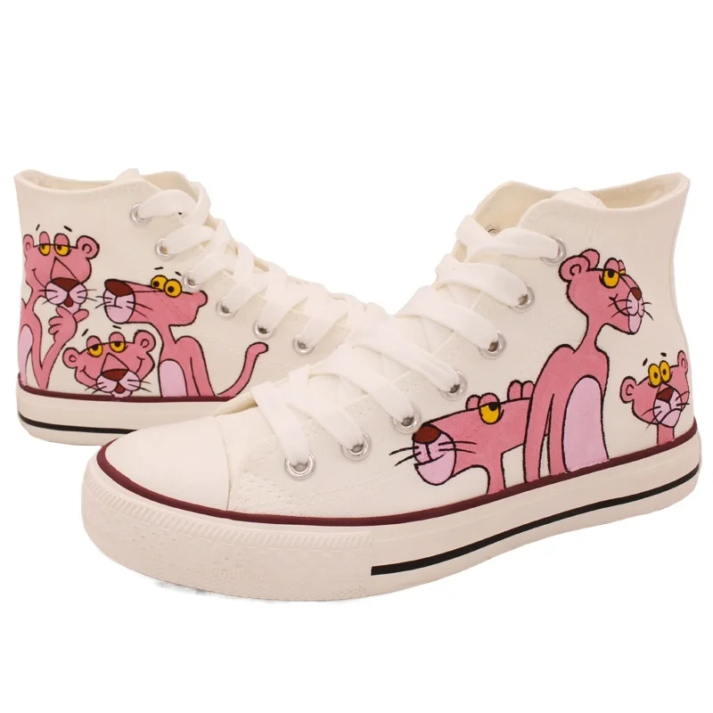 

Hand-Painted Canvas Panther Cartoon Shoes Women High Canvas Shoes Four Styles Desighs for Choose White Casual Sneakers B2-37