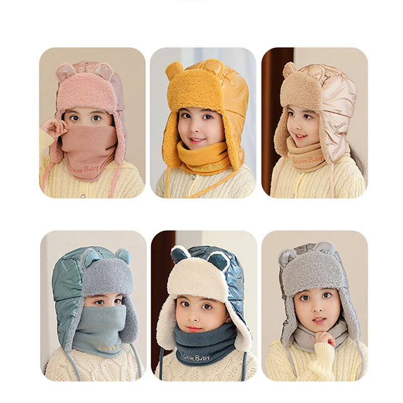 

Solid Color Winter Children Boy Girl Thick Cycling Ear Protection Hat Scarf Set For Kids A Warm Baby Cap Bonnet 2022