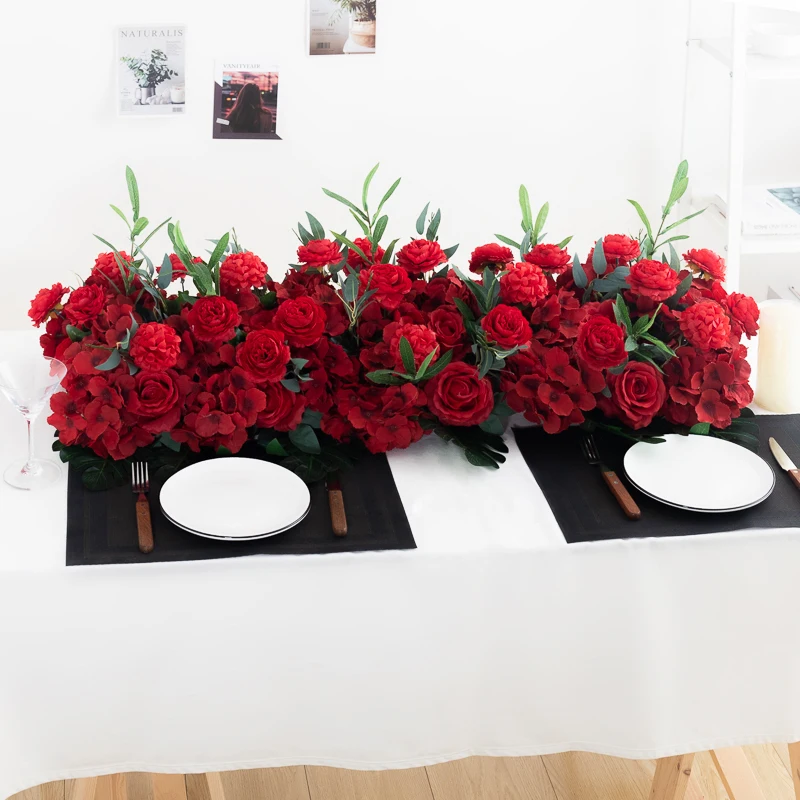 100cm Luxury Flower Row Peony Rose Turtle Back Leaf Fake Plant Silk Wedding Banquet Background Arched Flower Wall DIY Decoration