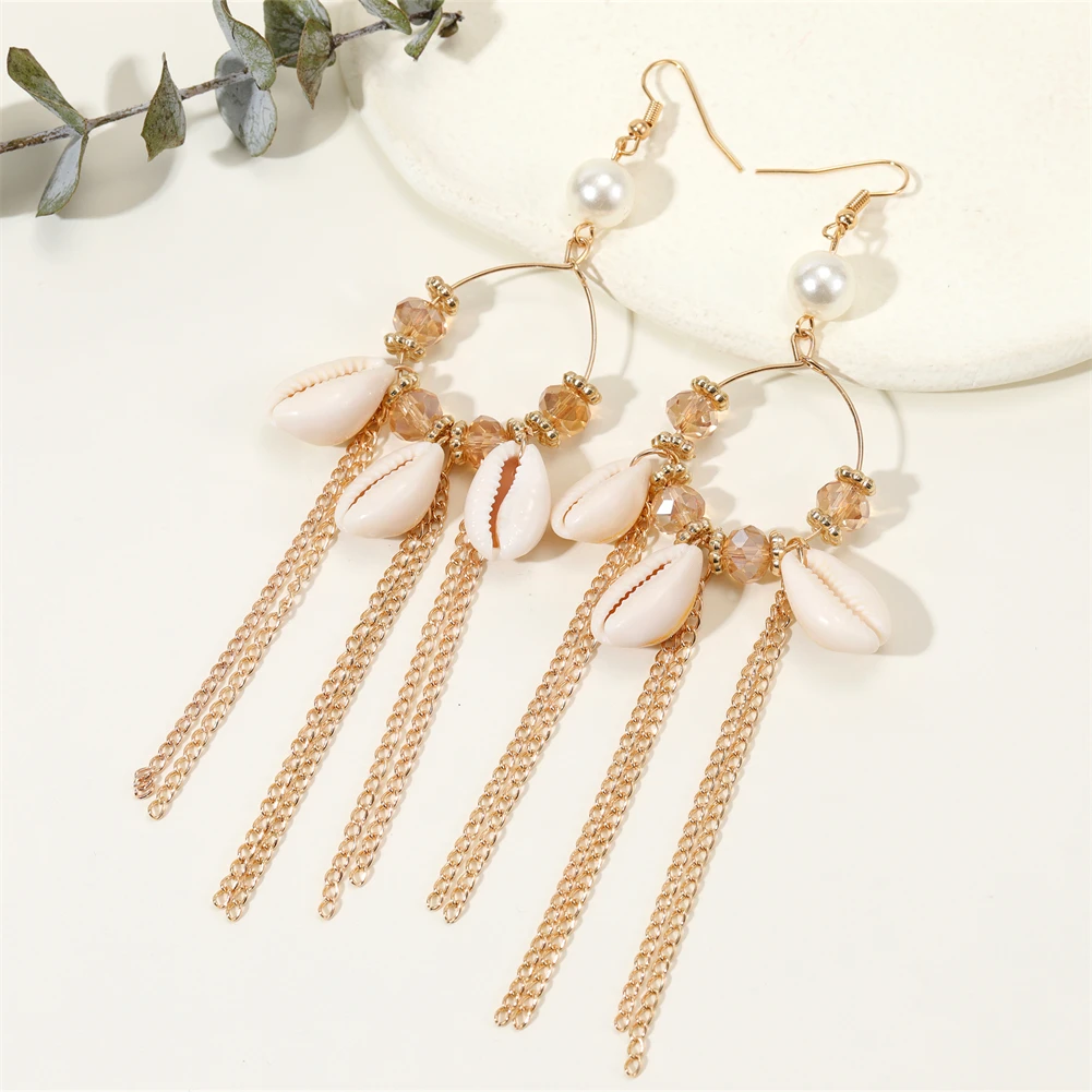 Женские серьги с кисточками и ракушками Длинные Винтажные кристаллами 2023