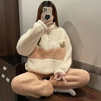 autumn and winter new cute sweet home clothes plus velvet thick thick warm all match casual trend striped print pajamas